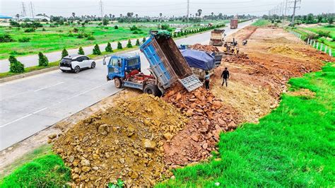 New Upadte Land Filling Up By Use Ton Dump Truck Pouring Soil Dozer