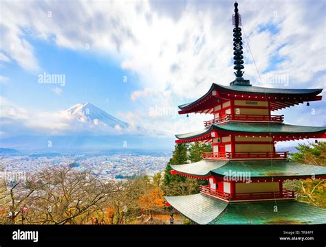 View of the Japanese temple in autumn with Mount Fuji in the background ...