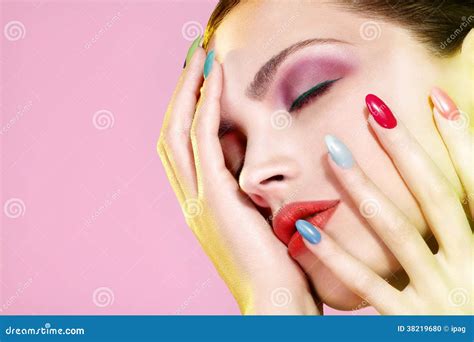 Beauty Shot Of Model Wearing Colorful Nail Polish Stock Photo Image