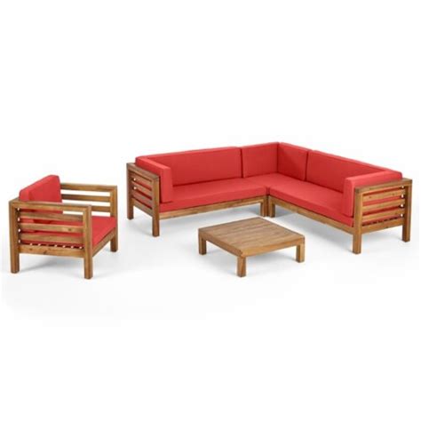 Noble House Oana Piece Outdoor Acacia Wood Sectional Sofa Set In Red