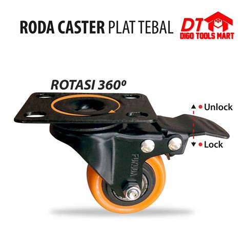 Jual Roda Caster Plat Tebal Hidup 2 Inci Plus Rem Roda Nylon Kunci