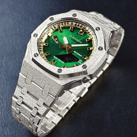 G Shock Mod With Frosted Silver Stainless Steel Bracelet Green Sunburst Face Yellow Gold Hour