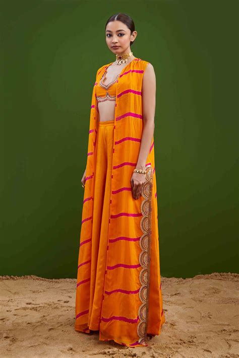 Buy Orange Jacket Silk Organza Embroidered Gota Cutwork Palazzo Set For