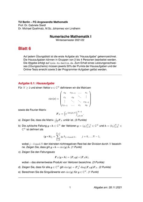 Blatt 06 TU Berlin FG Angewandte Mathematik Prof Dr Gabriele