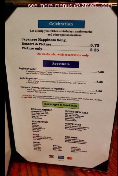 Menu at Miyabi restaurant, Savannah