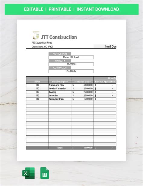 Small Construction Schedule Of Values Templates Google Sheets Excel