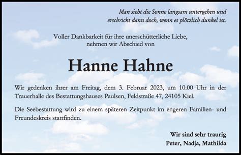 Traueranzeigen Von Hanne Hahne Trauer Anzeigen De