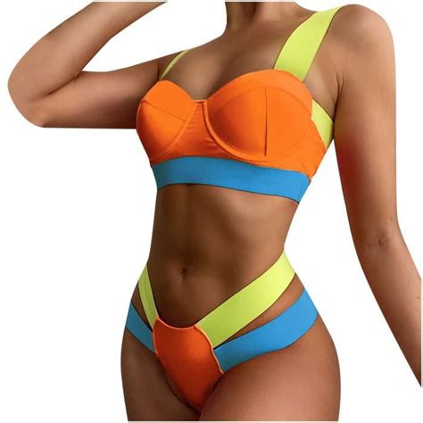 Ensemble Bikini Patchwork pour Femme Maillot de Bain Deux Pièces Rempli Soutien Gorge Maillots