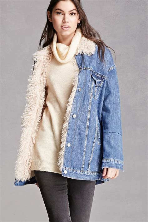 A Denim Jacket Featuring A Faux Fur Lining Basic Collar Button Front