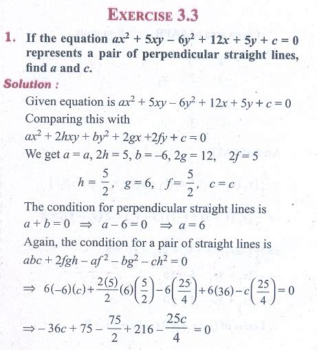 Exercise Pair Of Straight Lines Problem Questions With Answer