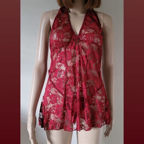Intimates Sleepwear Dark Red Floral Lace Sheer Halter Lingerie