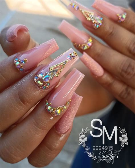 Uñas acrílicas nude efecto azúcar dijes cristales Jolis ongles Ongles Pédicure