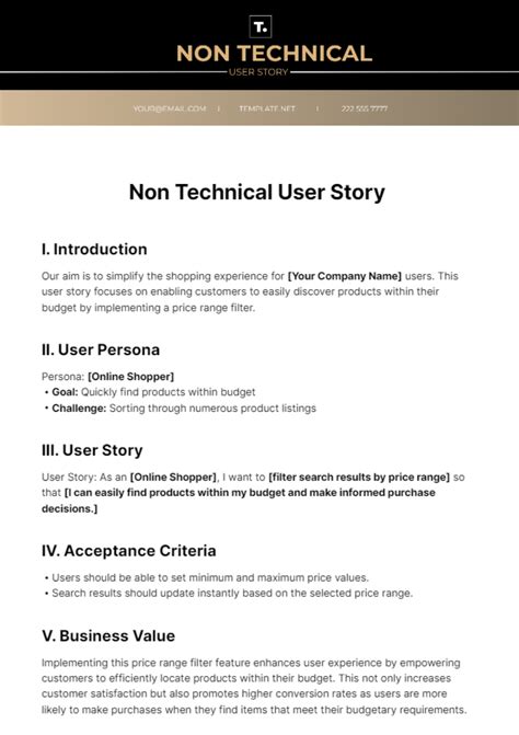 Free Non Technical User Story Template to Edit Online