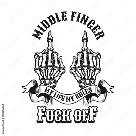 Trendy Middle Finger Emblem Monochrome Design Element With Human Skeleton Hands Showing Fuck