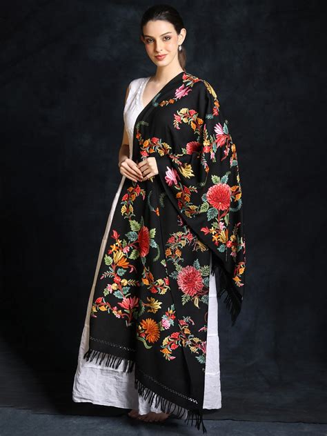 Moonless Night Floral Hand Aari Embroidered Pure Wool Stole From