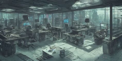 A Dystopian Cyberpunk Office Interior With Huge Stable Diffusion