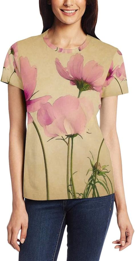 Damen T Shirt mit Blumenmuster kurzärmelig Rundhalsausschnitt bequem