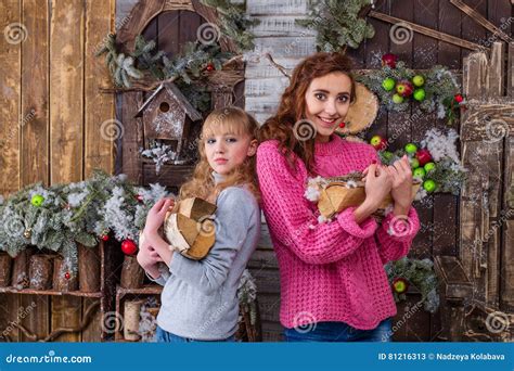 Two Beautiful Girls Posing In Christmas Decorations Stock Image Image Of Blonde Laughter