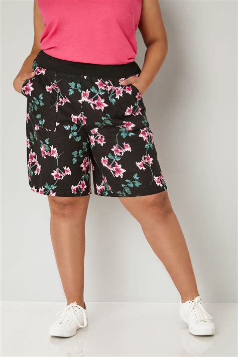 Black And Multi Floral Print Linen Shorts Plus Size 16 To 36