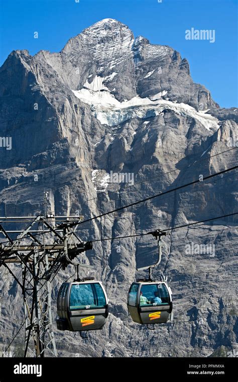 Cabin of the cable car Grindelwald-First in front of the Wetterhorn ...