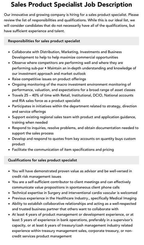 Sales Product Specialist Job Description Velvet Jobs