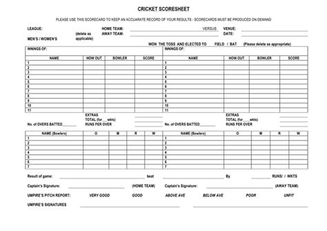 Cricket Score Sheet - download free documents for PDF, Word and Excel