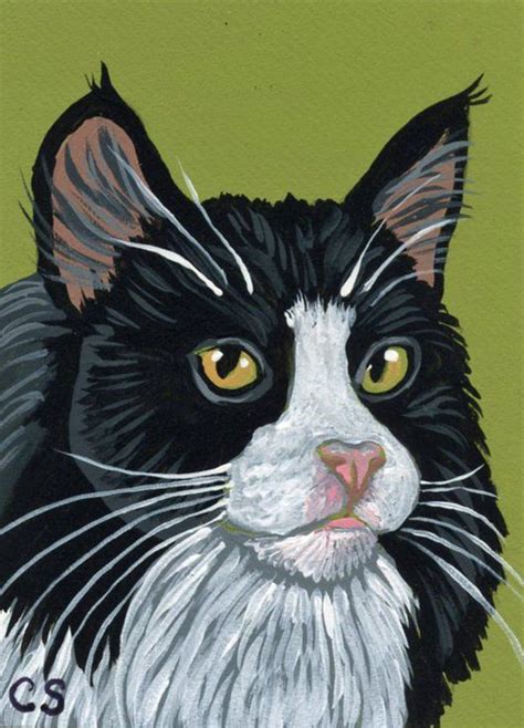 ACEO ATC Original Miniature Painting Black Tuxedo Cat Pet Art Carla