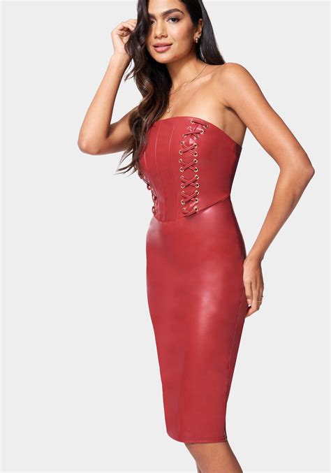 Vegan Leather Strapless Corset Midi Dress Bebe