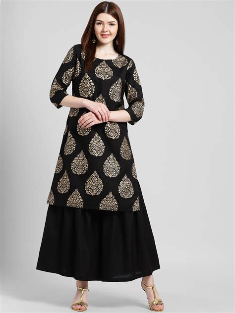 Buy Kira Women Black Gold Toned Printed Kurta With Sharara Kurta