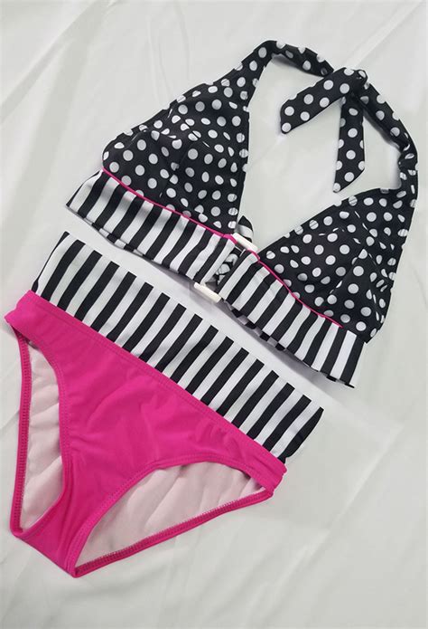 Women Cute Two Piece Bikini Swimsuit Halter Neck Backless Swimwear Sexy Wave Point Tied Beach