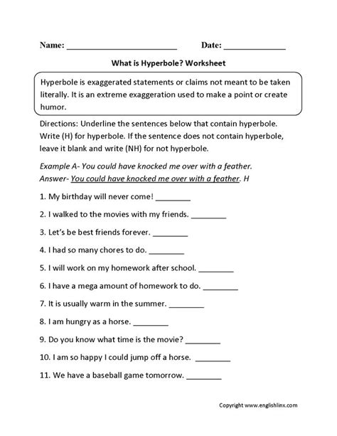 Hyperbole Worksheet For Figurative Language Practice