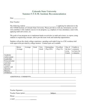 Fillable Online Engr Colostate Teacher Recommendation Form College Of