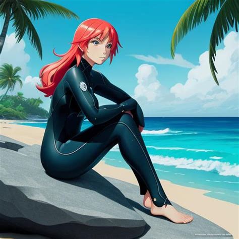 Female Surfer Wearing Wetsuit Sitting On The Shore Of A Tropical Island Ai Generated Artwork