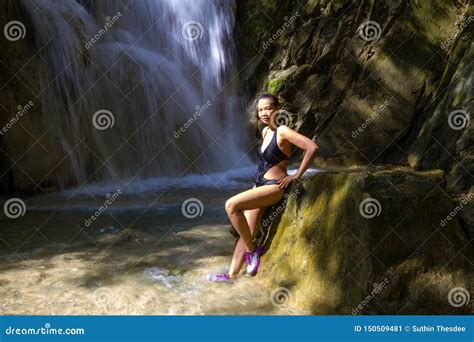 Woman With Black Bikini Front Waterfall Stock Image Image Of Body Clear
