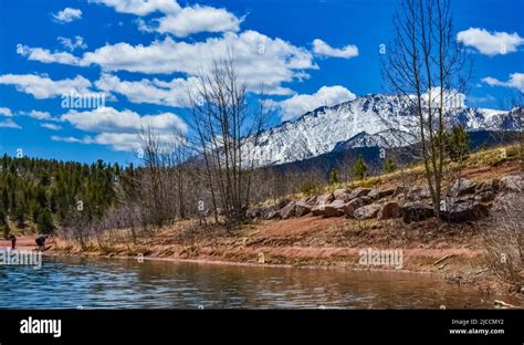 Crystal Creek Reservoir Near Snow Capped Mountains Pikes Peak Mountains