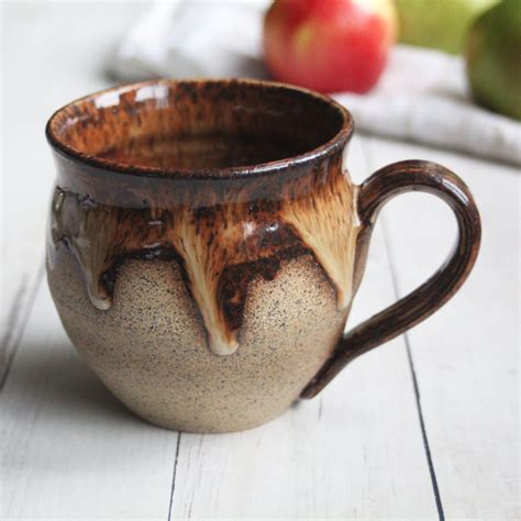 Rustic Brown Speckled Pottery Mug With Dripping Glazes Oz Handmade