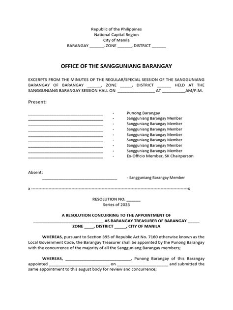 Sample Resolution Concurring Appointment Of Barangay Treasurer Pdf Government Justice