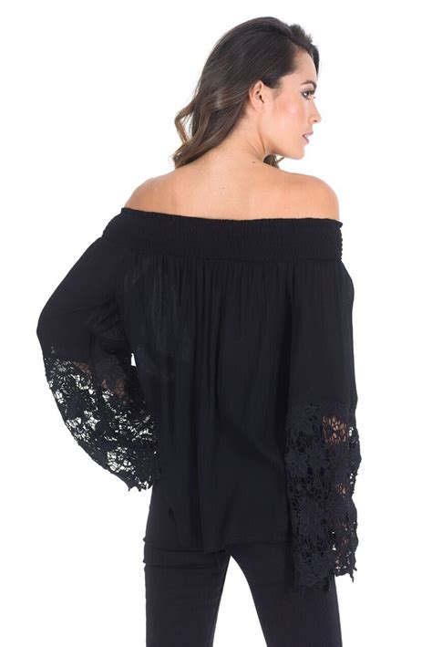 Black Bardot Top With Crochet Sleeves Ax Paris