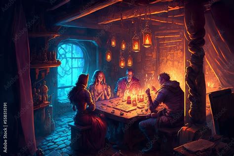 Roleplaying Scenery In Fantasy Dungeon Interior With Characters Playing