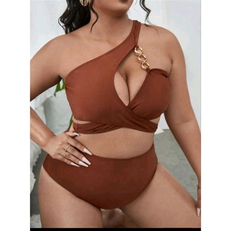 Plus Size 0XL Two Piece Brown Chain Linked Cut Out One Shoulder Bikini Swimsuit Shopee
