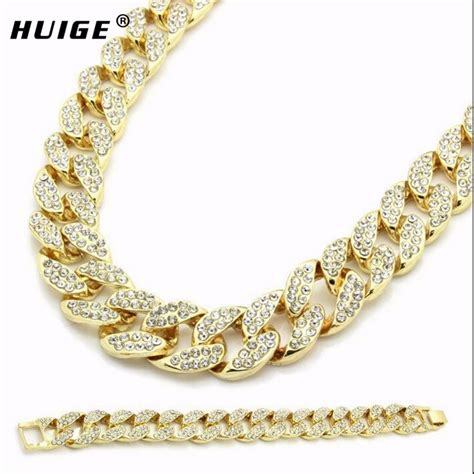 2019 Miami Cuban Link Chain Set Gold Color Fully Iced Out Rhinestone