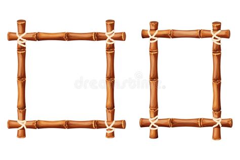 Set Bamboo Frames From Sticks And Rope In Cartoon Style Borders Isolated On White Background