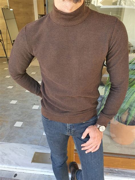 Brown Slim Fit Mock Turtleneck Sweater For Men By GentWith