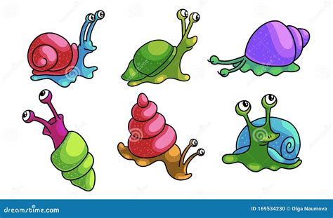 Set Of Funny Cartoon Snails With Different Shell Colors Vector