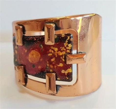 Matisse Vintage Copper Red Enamel Cuff Bracelet Gem