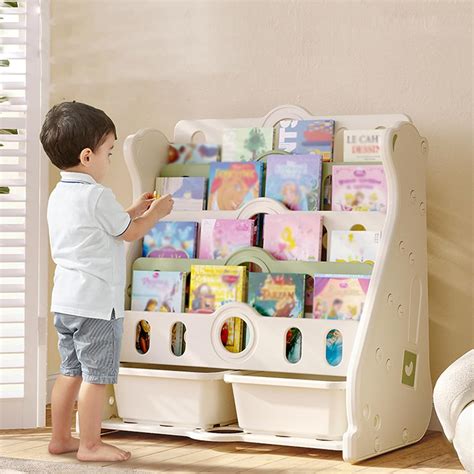 Amazon.co.jp: 絵本ラック 絵本棚 子供用本棚 低い 収納付き 可愛い 本棚•おもちゃ収納 大容量 キッズ収納 マンガ 雑誌収納 ...