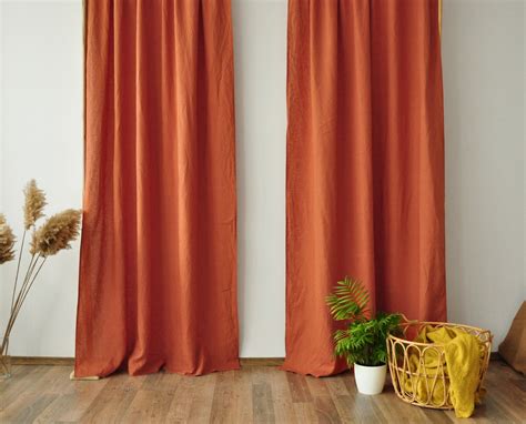 Burnt Orange Linen Curtains 2 Panels Stonewashed Linen Etsy