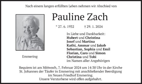 Traueranzeigen Von Pauline Zach Trauer Merkur De