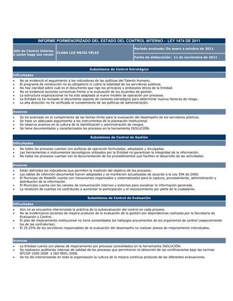 Informe Pormenorizado Del Estado Del Control Interno Ley