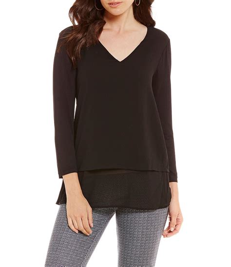 Michael Michael Kors Mixed Woven Knit Layered Hem V Neck 34 Sleeve